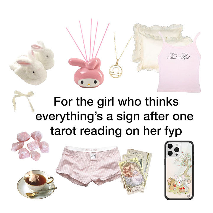 Meme format that shows pink tank top, pink shorts, tea, bunny slippers, and Wildflower Mice friends case