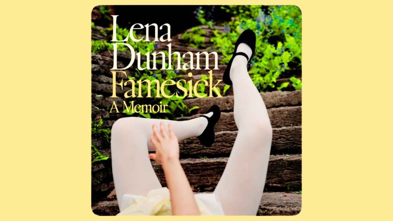 Lena Dunham's book cover for 'Famesick' shows a woman falling down stone steps with only her legs in the air and one arm holding out