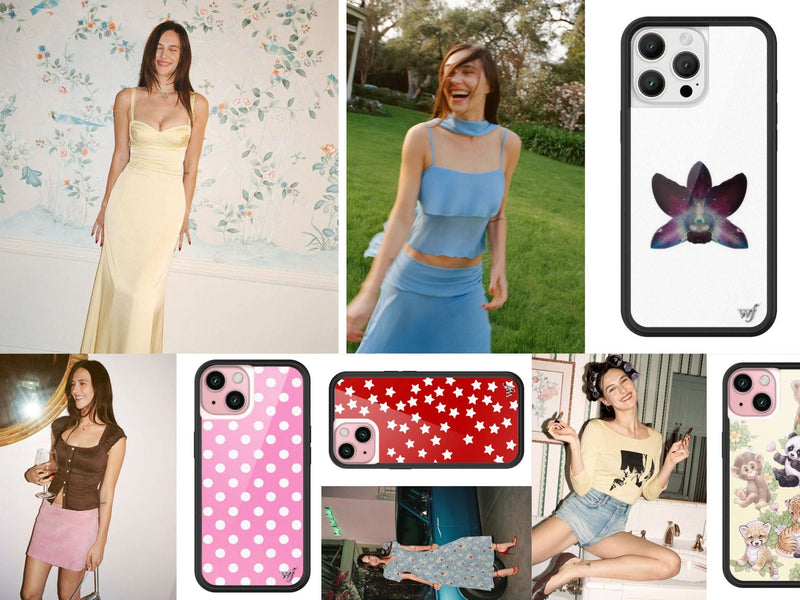 A collage of Devon Lee Carlson for Reformation with matching Wildflower Cases