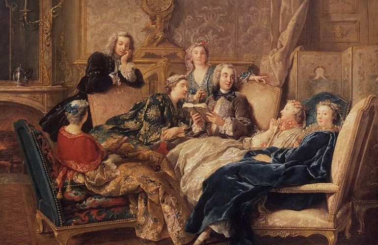 Victorian like painting of a man and five woman sit around a book