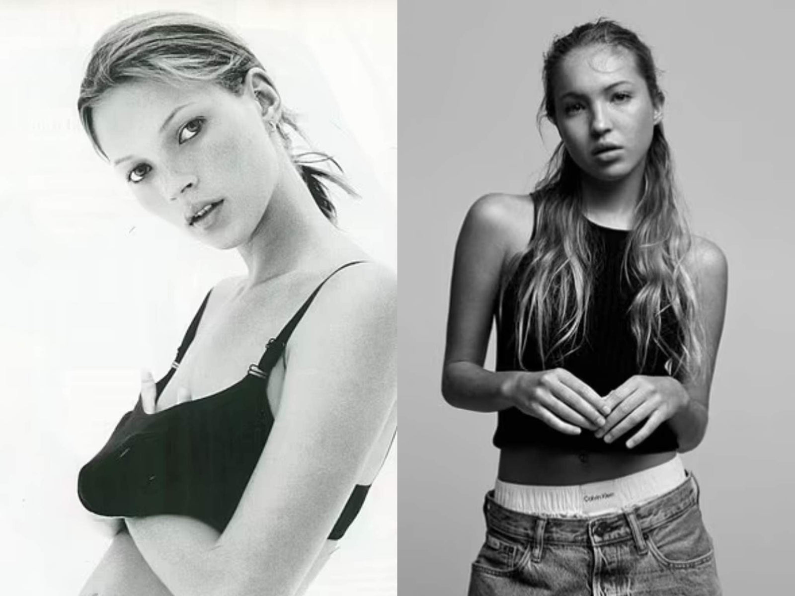 Side by side black and white photos of Kate and Lila Moss