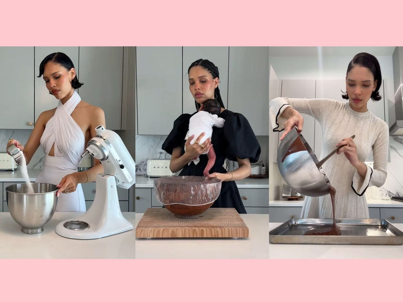 Three photos of Nara Smith side by side, each showing her baking