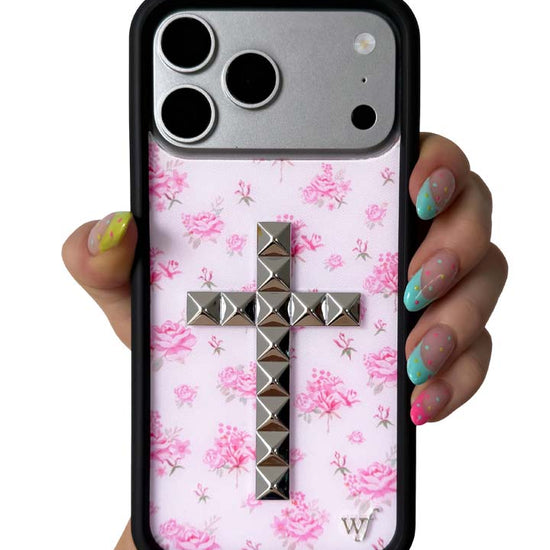 Hand Pic Image 01 Stud Cross Forget Me Not Floral Pink iPhone Case