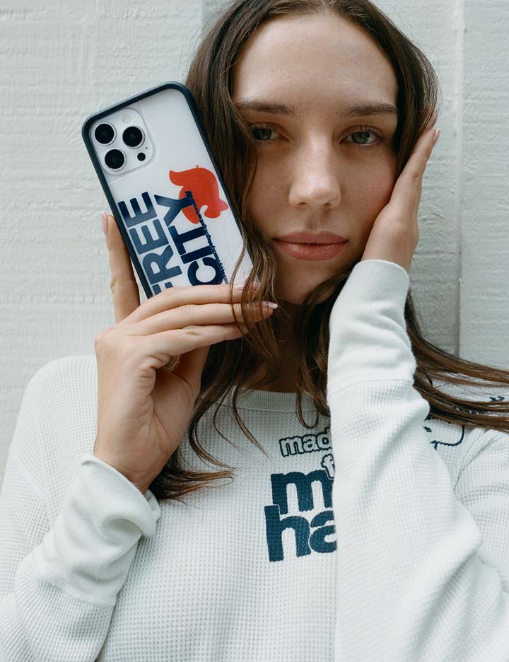 Lifestyle Image 02 THE MADHAPPY AND FREECITY TOGETHERFOREVER WHITE AND NAVY iPhone Case
