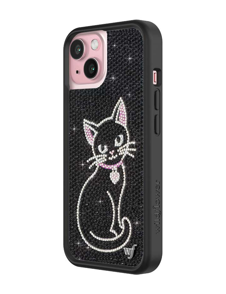 Wildflower iPhone case 15 Rhinestone Black Cat Pink Cute