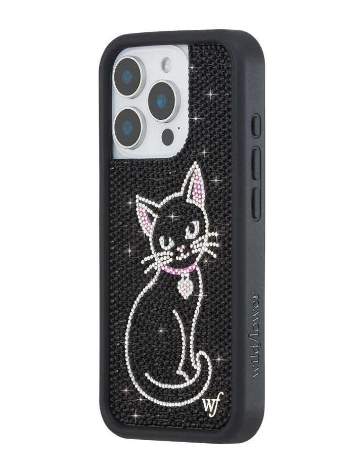 Wildflower iPhone case 15 Pro Rhinestone Black Cat Pink Cute