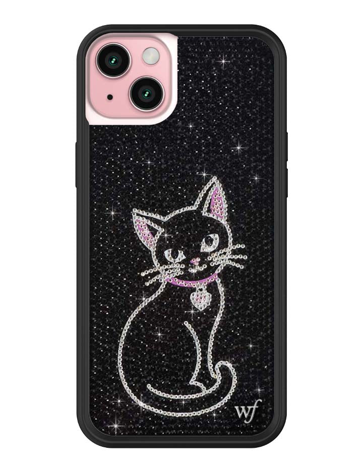 Wildflower iPhone case 15 Plus Rhinestone Black Cat Pink Cute