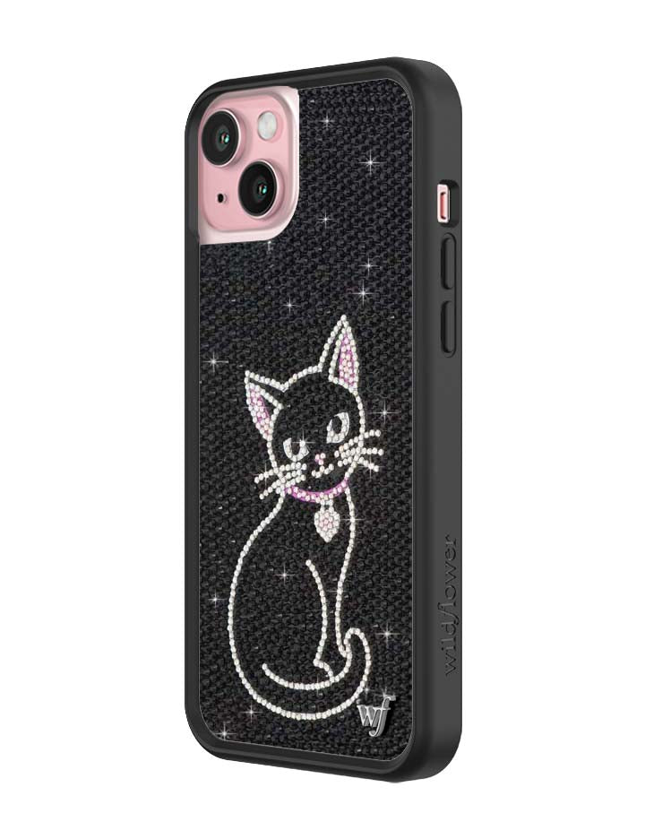 Wildflower iPhone case 15 Plus Rhinestone Black Cat Pink Cute