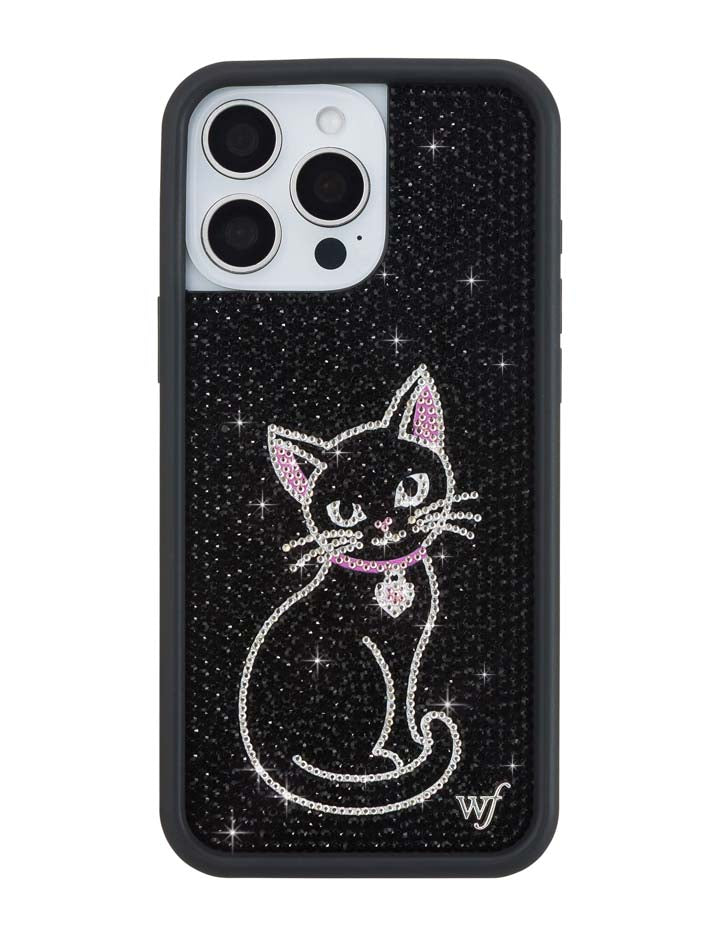 Wildflower iPhone case 15 Pro Max Rhinestone Black Cat Pink Cute