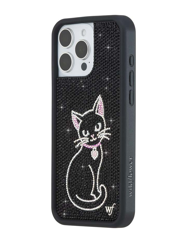 Wildflower iPhone case 15 Pro Max Rhinestone Black Cat Pink Cute
