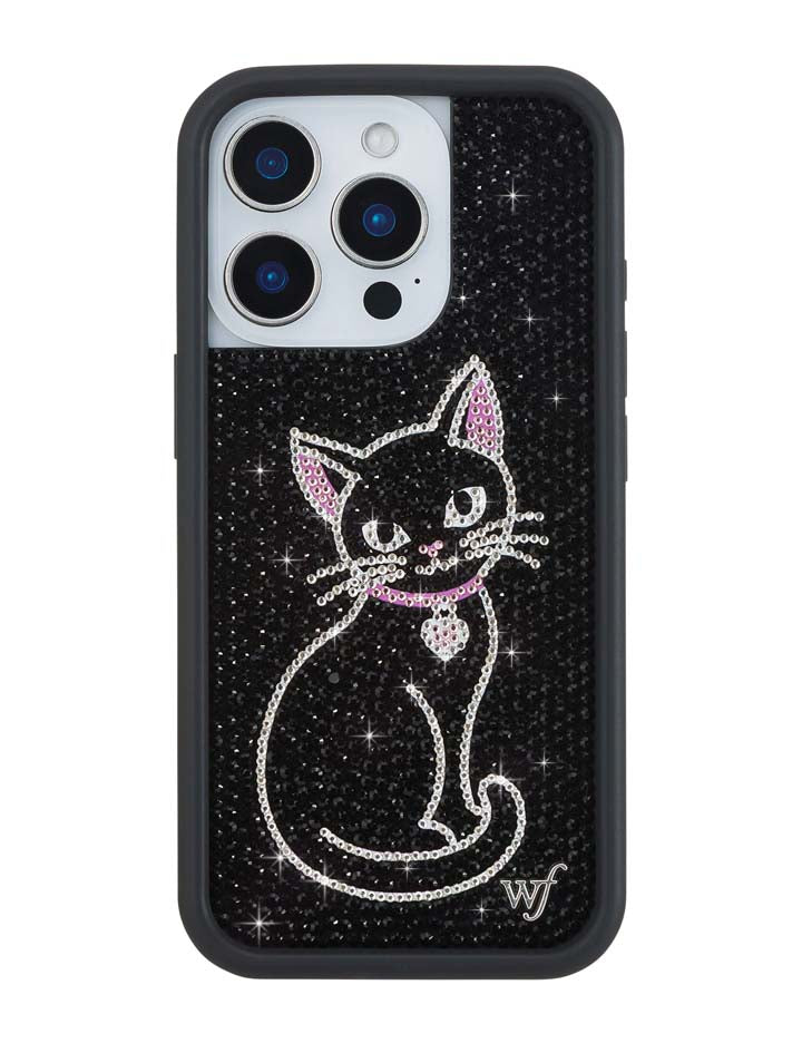 Wildflower iPhone case 16 Pro Rhinestone Black Cat Pink Cute