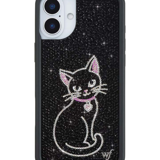Wildflower iPhone case 16 Plus Rhinestone Black Cat Pink Cute
