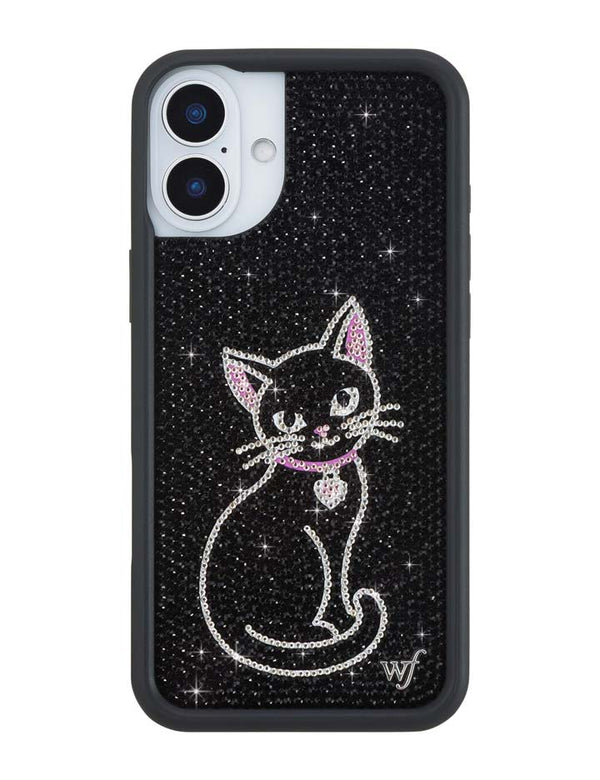 Wildflower iPhone case 16 Plus Rhinestone Black Cat Pink Cute
