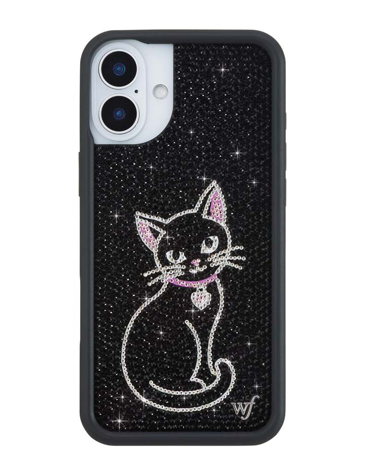 Wildflower iPhone case 16 Plus Rhinestone Black Cat Pink Cute