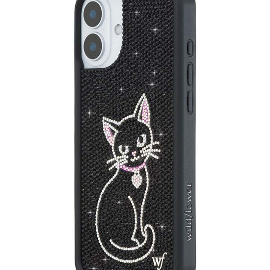 Wildflower iPhone case 16 Plus Rhinestone Black Cat Pink Cute