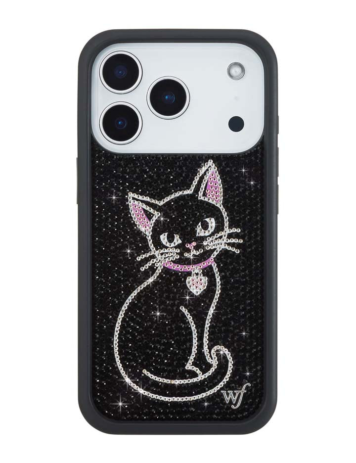 Wildflower iPhone case 17 Pro Rhinestone Black Cat Pink Cute