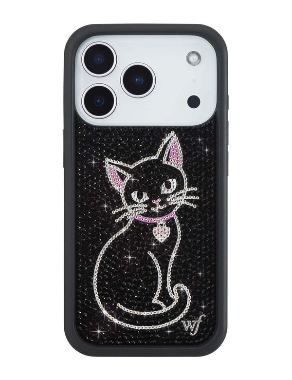Wildflower iPhone case 18 Pro Rhinestone Black Cat Pink Cute