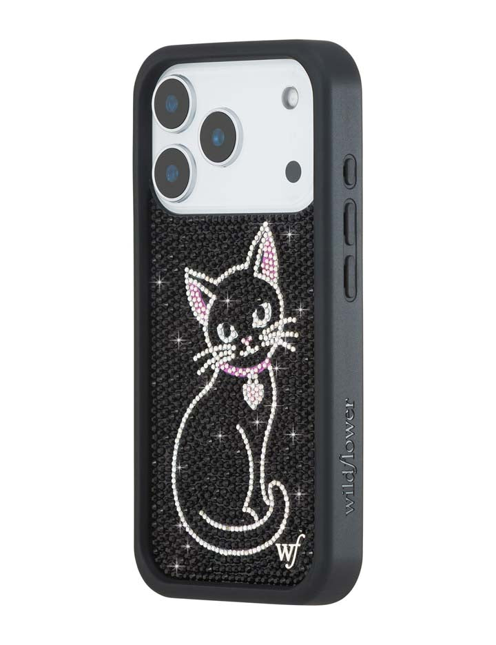 Wildflower iPhone case 18 Pro Rhinestone Black Cat Pink Cute