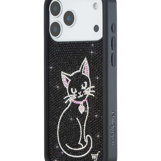 Wildflower iPhone case 18 Pro Max Rhinestone Black Cat Pink Cute